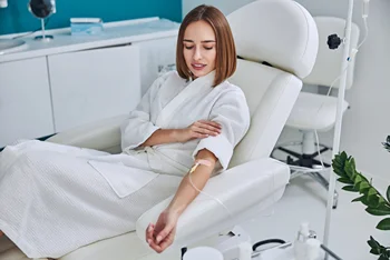 a portrait of a woman receiving IV Therapy inside a wellness center